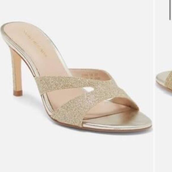 Stuart Weitzman Mariposa 80 Women's Gold Glitter Mules Sz 9 - Picture 1 of 9